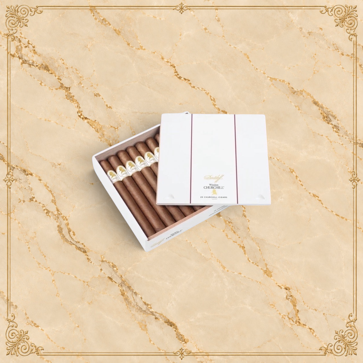 Arcadia Cigars Davidoff Winston Churchill cigar box containing premium hand-rolled cigars with Ecuadorian Habano wrapper