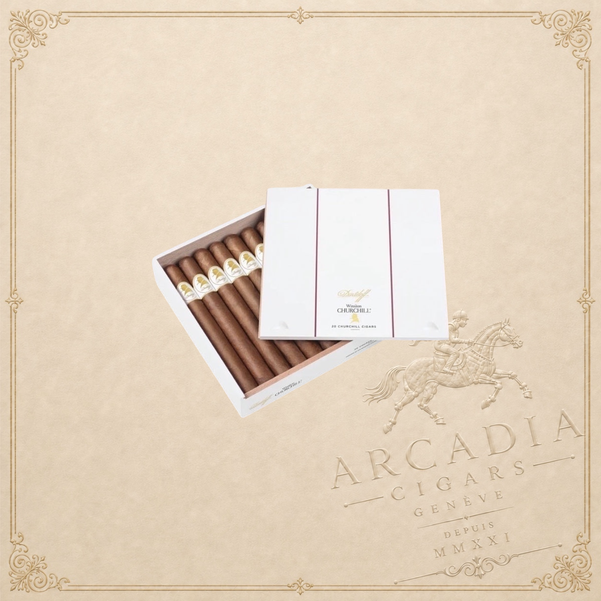 Arcadia Cigars Davidoff Winston Churchill cigar box containing premium hand-rolled cigars with Ecuadorian Habano wrapper