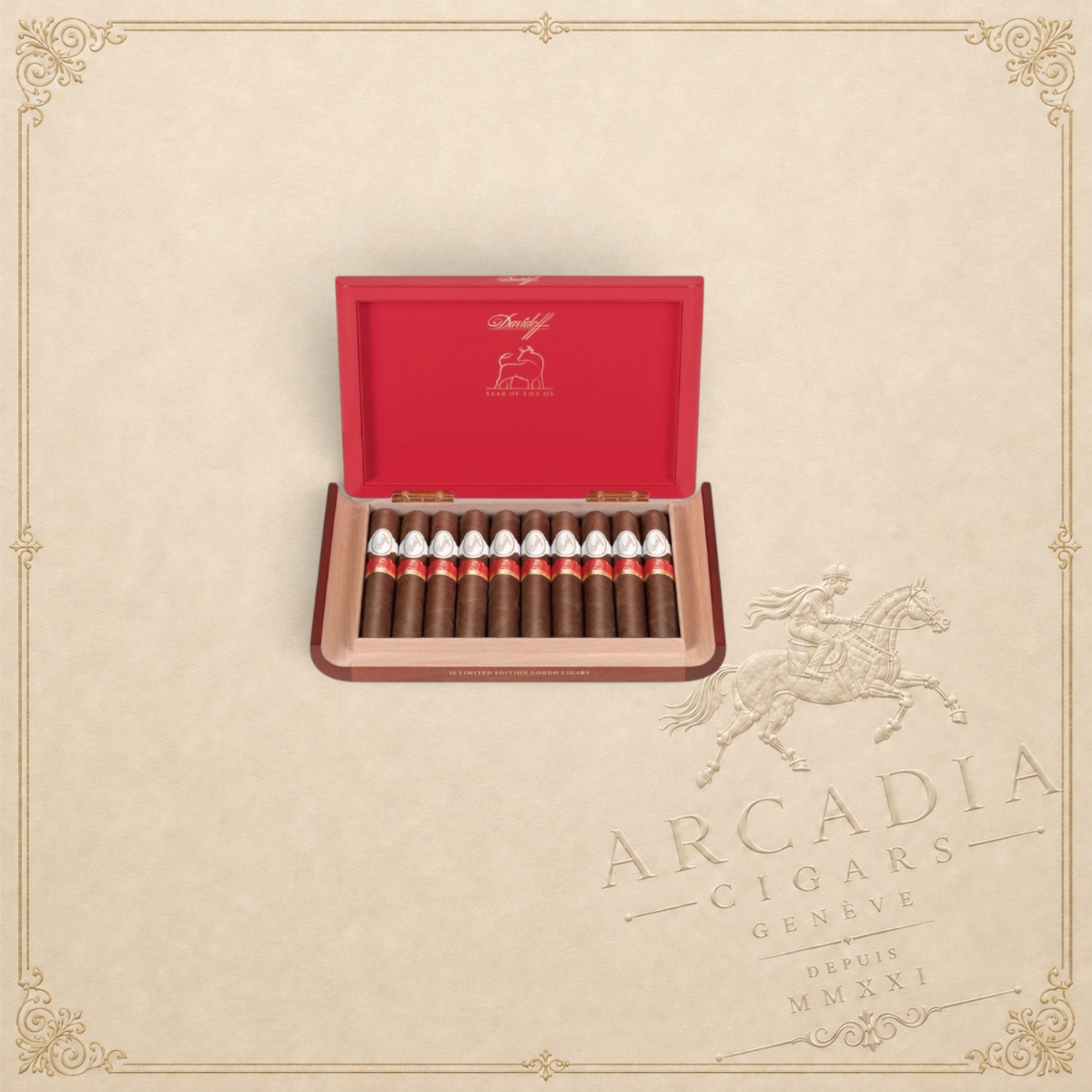 Arcadia Cigars Davidoff Year of the Ox limited edition gordo cigars in a red presentation box with gold branding.