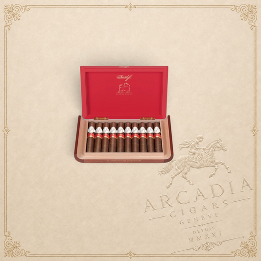 Arcadia Cigars Davidoff Year of the Ox limited edition gordo cigars in a red presentation box with gold branding.