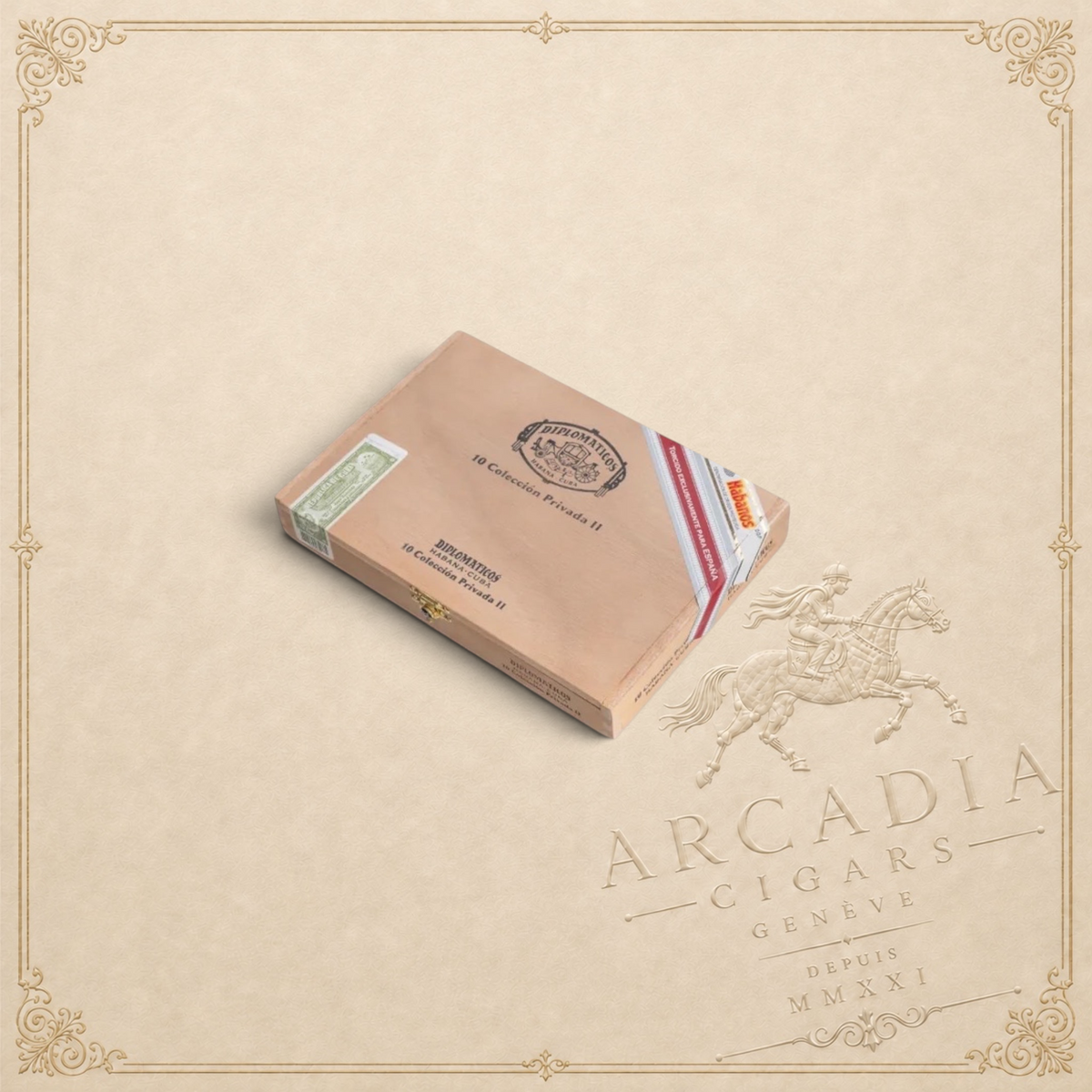Arcadia Cigars Diplomaticos Coleccion Privada 2020 Spanish Regional Edition cigar box on a textured beige background