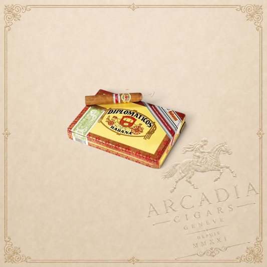 Arcadia Cigars Diplomaticos Excelencia 2015 Cuban cigar and yellow presentation box on a neutral background
