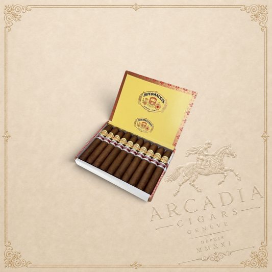 Arcadia Cigars Diplomáticos Leal ER Cuba 2021 Petit Corona cigars in an open branded wooden box