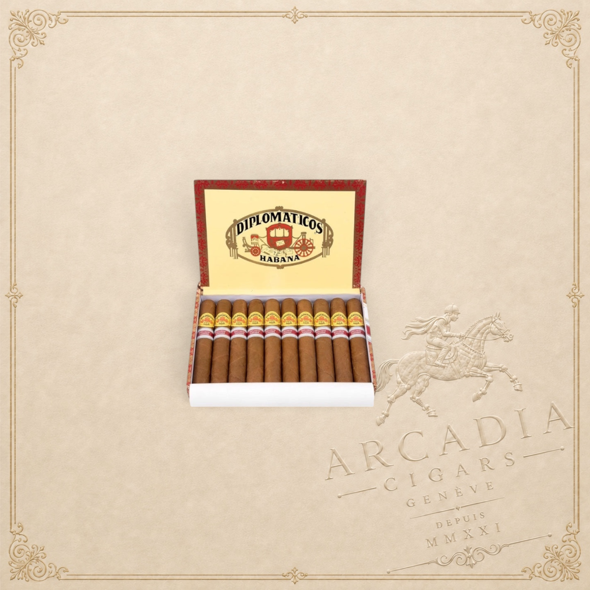Arcadia Cigars Diplomaticos Norteños 2018 Canadian Regional Edition Petit Corona cigars in an open branded box