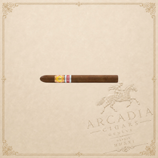 Arcadia Cigars El Rey Del Mundo Kon Tiki 1973 cigar with a detailed band on a textured cream background