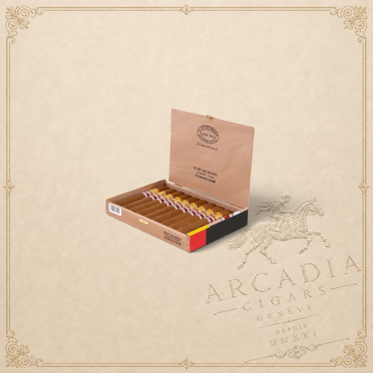 Arcadia Cigars box of El Rey del Mundo Serie B No. 2 2019 Brazil robusto cigars with branded bands and wooden casing