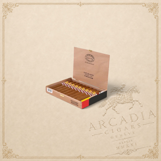 Arcadia Cigars box of El Rey del Mundo Serie B No. 2 2019 Brazil robusto cigars with branded bands and wooden casing