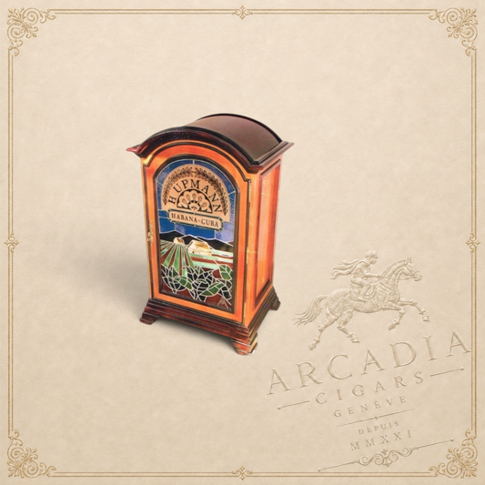Arcadia Cigars H.Upmann Subasta 2015 humidor featuring a unique jukebox design with stained glass and wood finish.