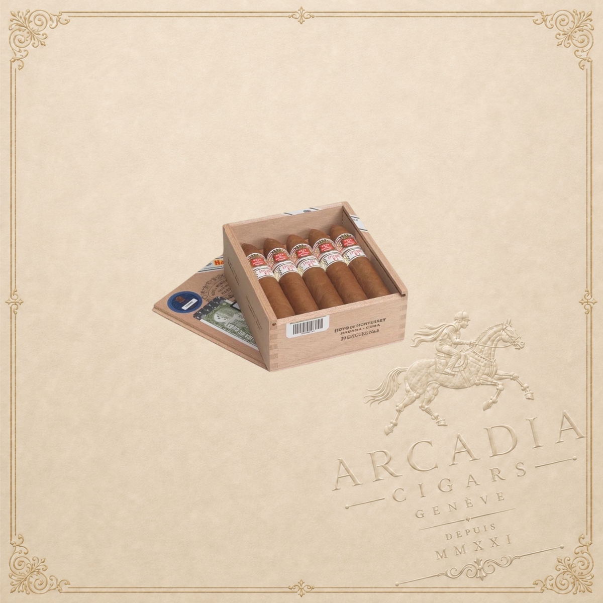 Arcadia Cigars Hoyo De Monterrey Epicure No. 3 box containing five premium light-bodied Coronas Gordas cigars