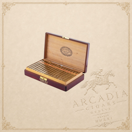 Arcadia Cigars vintage Hoyo de Monterrey Humidor No. 1 from the 1950s featuring a polished wooden box with cigars.