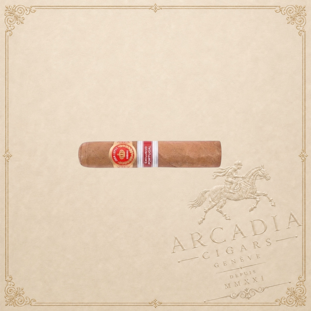 Arcadia Cigars Juan Lopez Chiado 1864-2014 cigar with red and gold bands, a limited edition Portugal regional release.