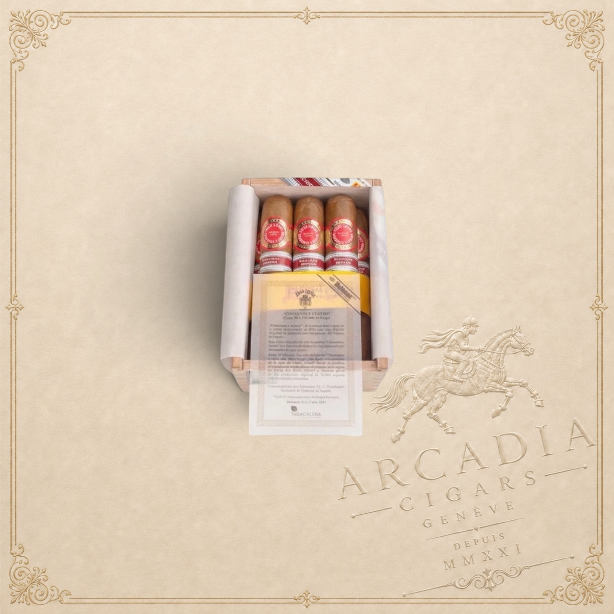 Arcadia Cigars Juan Lopez Cincuenta y Cuatro 2025 Spanish regional edition cigars in a wooden box with paper insert