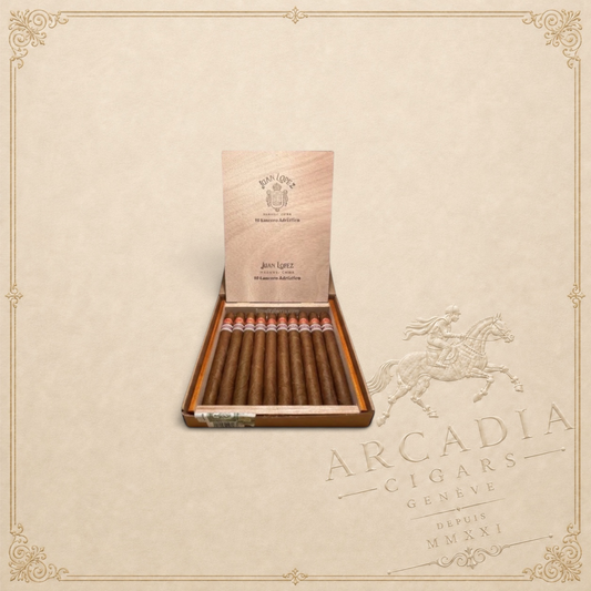 Arcadia Cigars Juan Lopez Lancero Adriatico box containing ten long, medium-bodied Cuban cigars with branded bands.