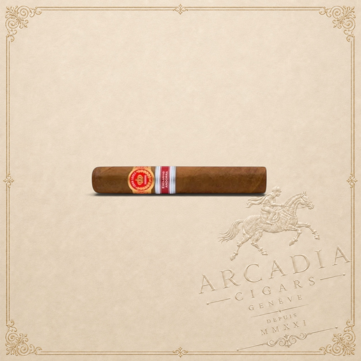 Arcadia Cigars Juan Lopez Malecón 2015 Andorra Regional Edition cigar with red and gold bands on a textured background