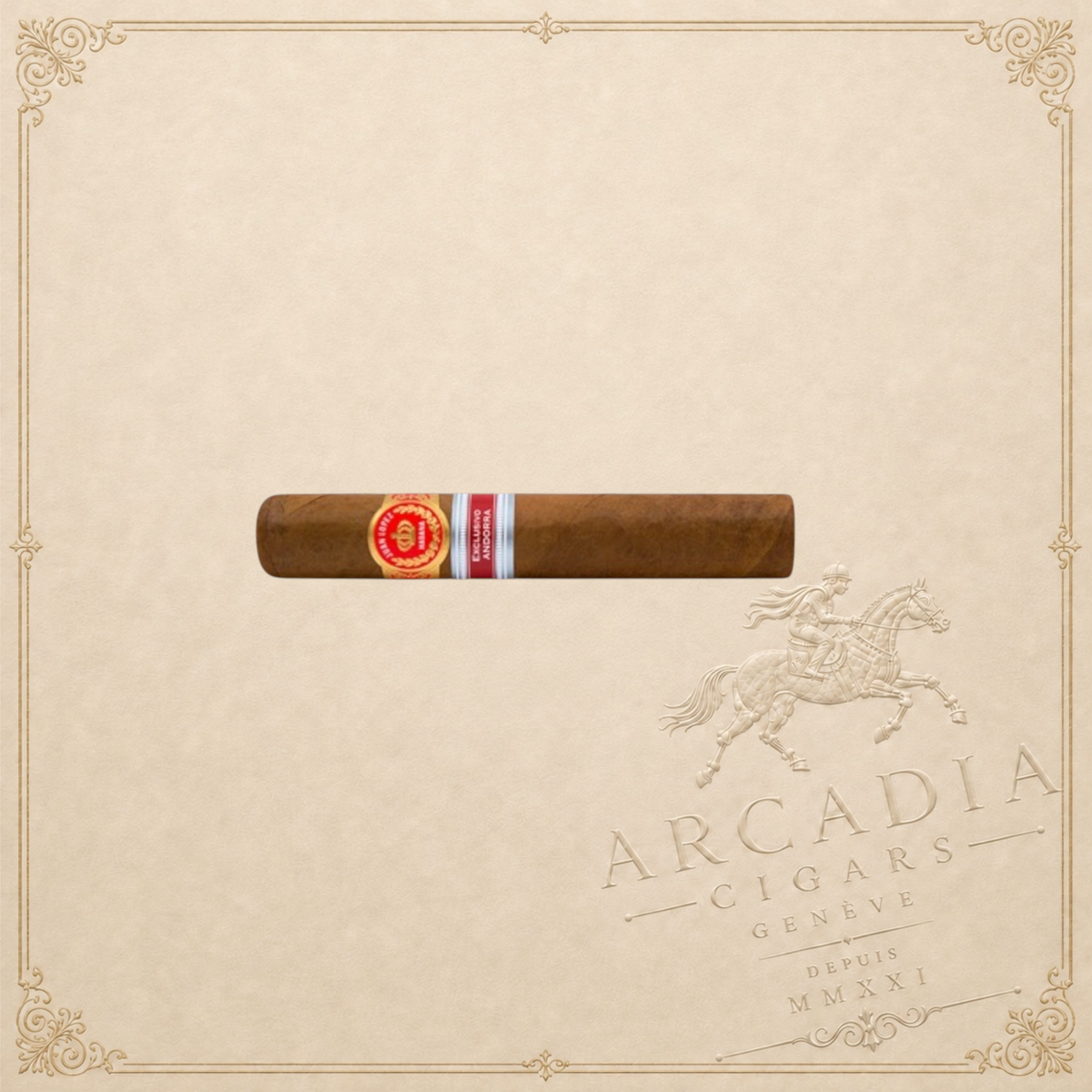 Arcadia Cigars Juan Lopez Malecon 2015 Andorra robusto extra cigar with detailed red and gold band on cream background