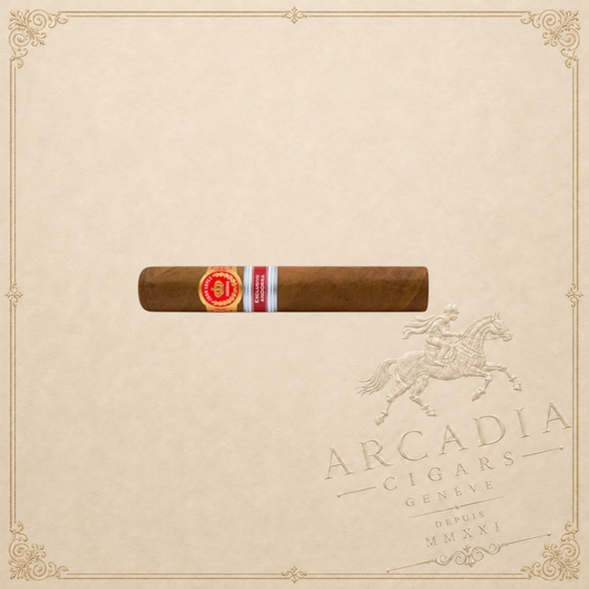 Arcadia Cigars Juan Lopez Malecon 2015 Andorra robusto extra cigar with detailed red and gold band on cream background
