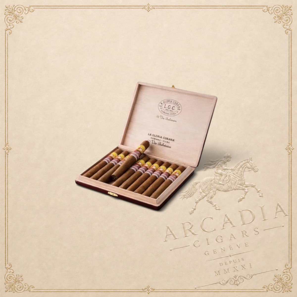 Arcadia Cigars La Gloria Cubana Edición Regional Bulgaria 2020 cigar box with ten premium cigars inside.