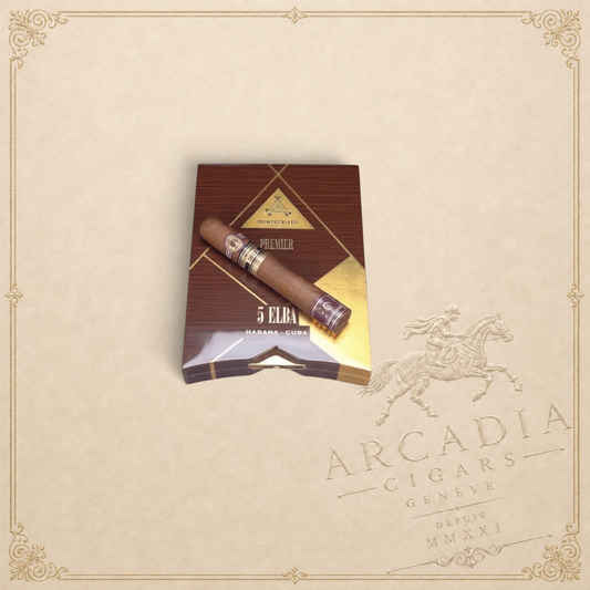 Arcadia Cigars Montecristo Elba Limited Edition 2025 cigar resting on its elegant wooden cabinet box
