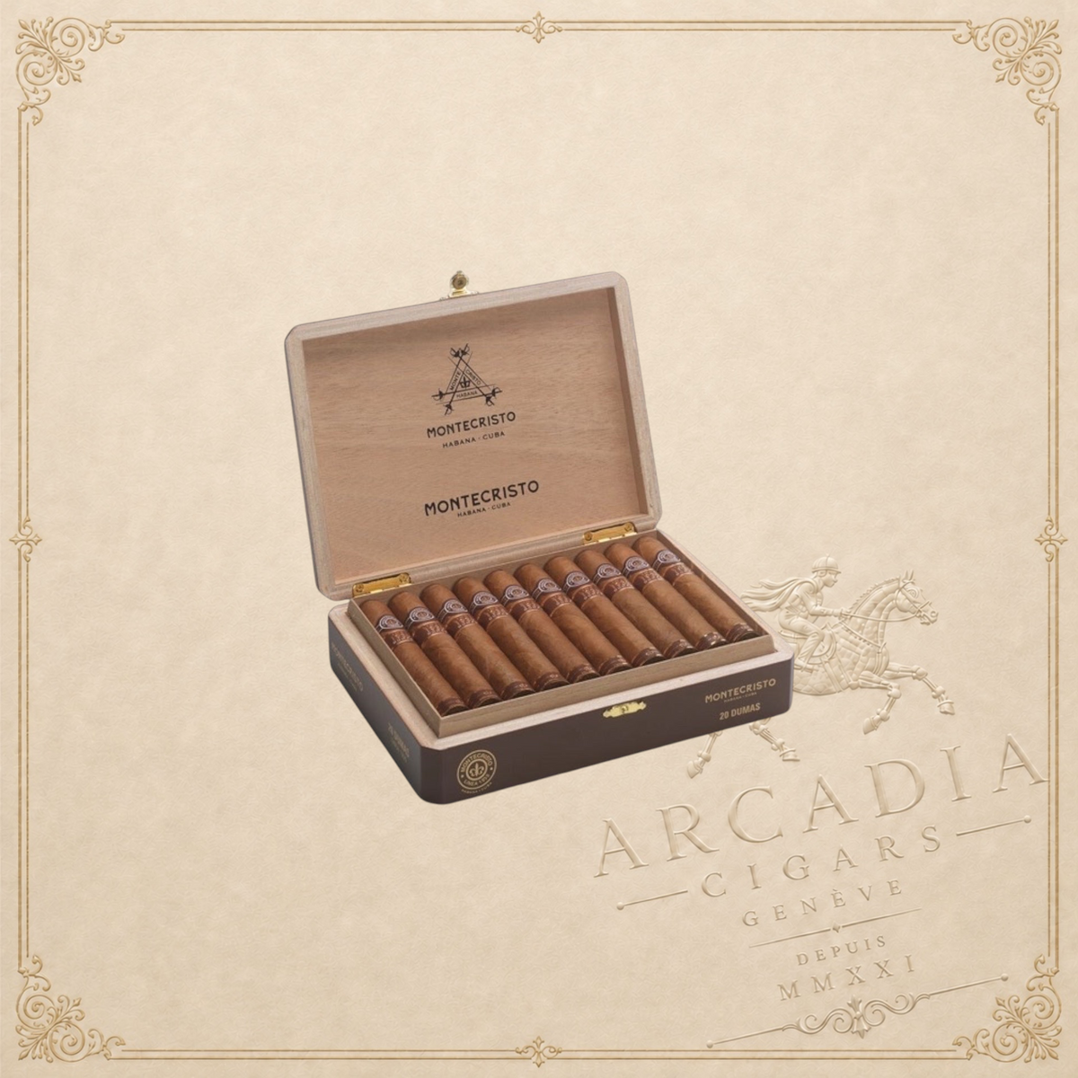 Arcadia Cigars box of Montecristo 1935 Maltés premium cigars with branded wooden packaging