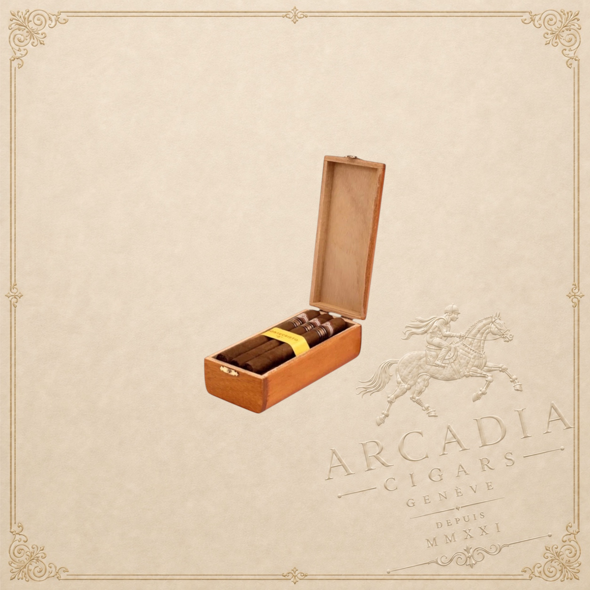 Arcadia Cigars Montecristo D Edición Limitada 2005 cigars in a wooden box on a textured background