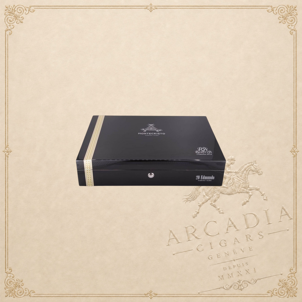 Arcadia Cigars Montecristo Edmundo Reserva Cosecha 2018 black lacquered cigar box with gold accents