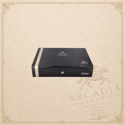 Arcadia Cigars Montecristo Edmundo Reserva Cosecha 2018 black lacquered cigar box with gold accents