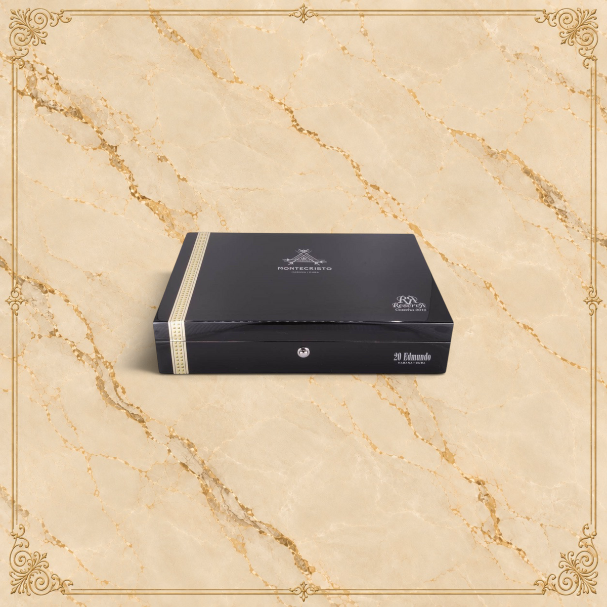 Arcadia Cigars Montecristo Edmundo Reserva Cosecha 2018 black lacquered cigar box with gold accents