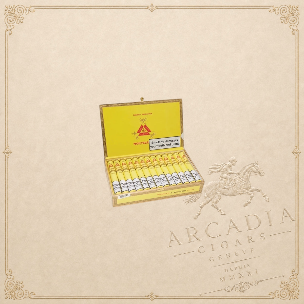 Arcadia Cigars box of Montecristo Tubos Cuban Corona Grande cigars in yellow aluminium tubes