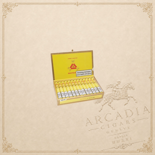Arcadia Cigars box of Montecristo Tubos Cuban Corona Grande cigars in yellow aluminium tubes