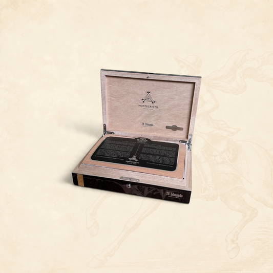 Arcadia Cigars Montecristo Edmundo Reserva Cosecha 2018 wooden cigar box with interior branding and information card