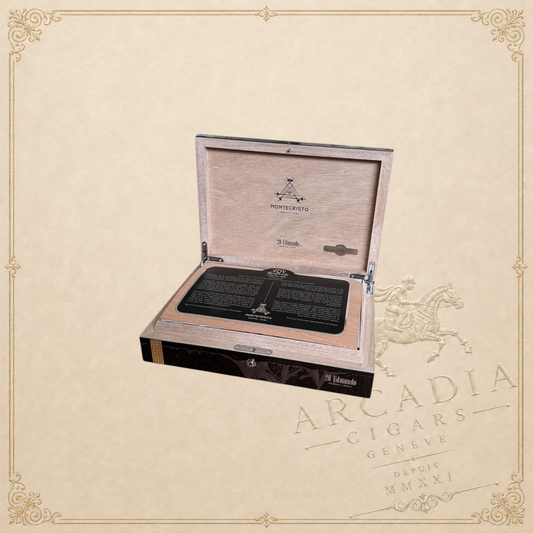 Arcadia Cigars Montecristo Edmundo Reserva Cosecha 2018 wooden cigar box with interior branding and information card