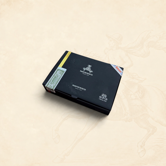 Arcadia Cigars Montecristo Edmundo Reserva Cosecha 2018 cigar box in black with gold branding and Habanos seal