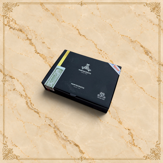 Arcadia Cigars Montecristo Edmundo Reserva Cosecha 2018 cigar box in black with gold branding and Habanos seal