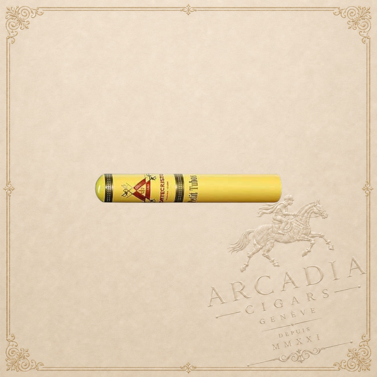 Arcadia Cigars Montecristo Petit Tubos Cuban cigar in a yellow protective tube with signature branding