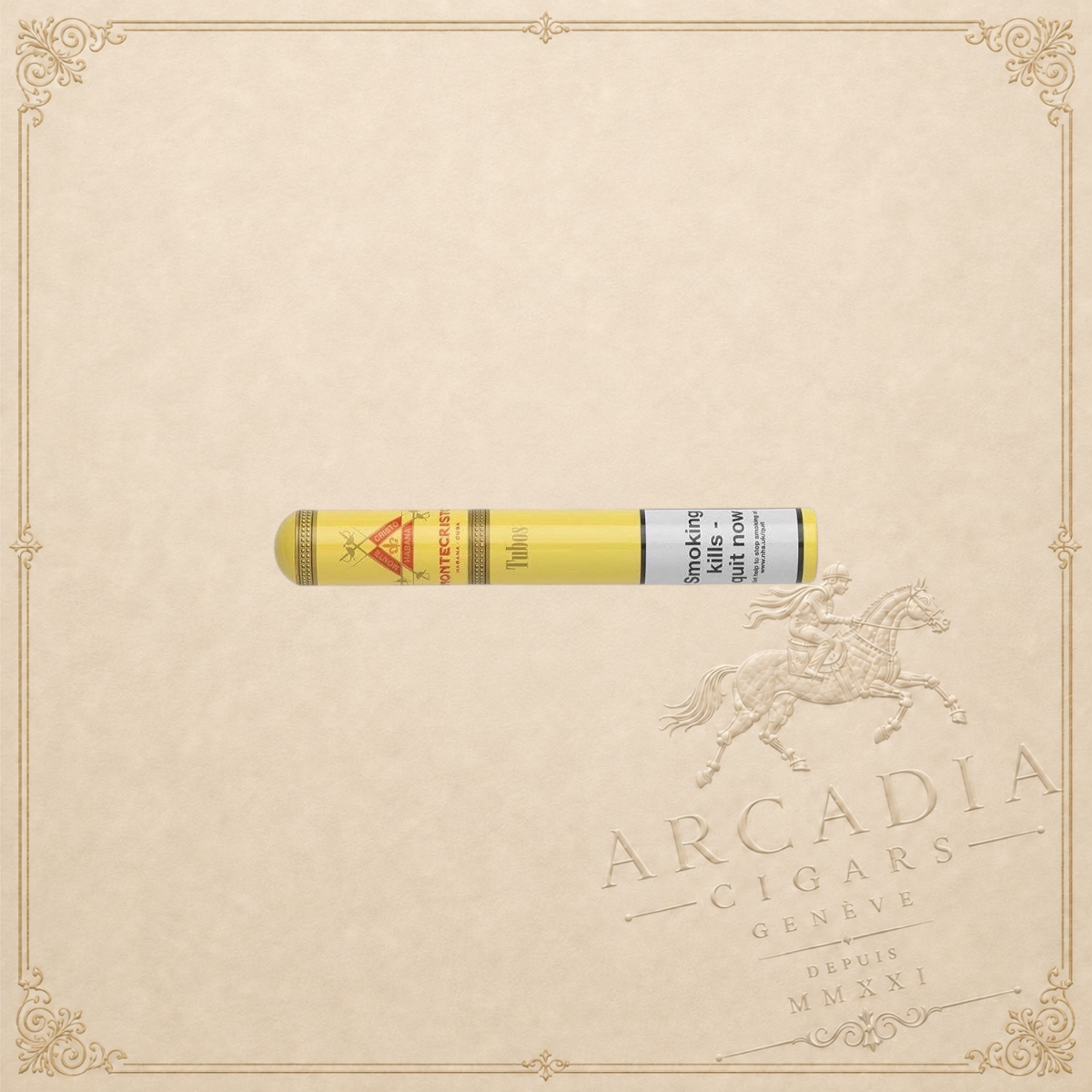 Arcadia Cigars Montecristo Tubos Cuban Corona Grande cigar in a yellow protective aluminium tube