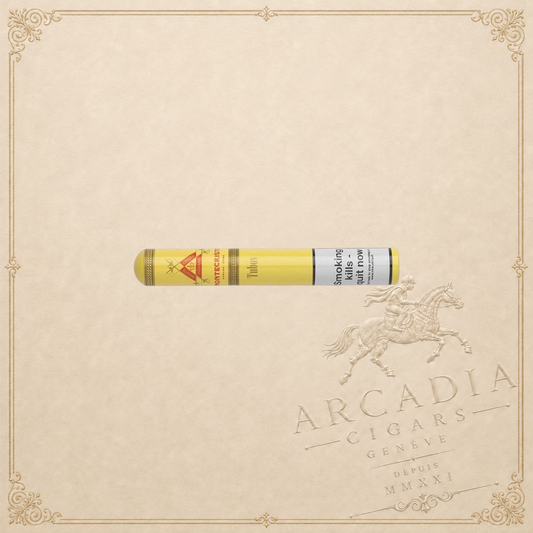 Arcadia Cigars Montecristo Tubos Cuban Corona Grande cigar in a yellow protective aluminium tube