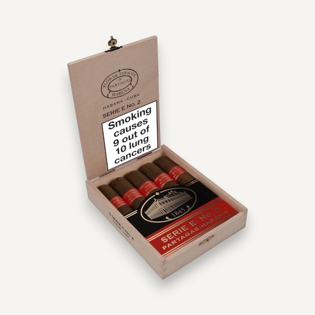 Partagás Serie E No. 2 Pack of 5 Cuban cigars. Full-bodied Habanos with cedar, spice, coffee and dark chocolate notes.