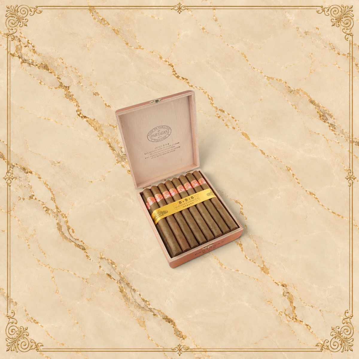 Arcadia Cigars Partagás 8-9-8 Cuban cigars presented in a wooden box with gold branding and traditional labels