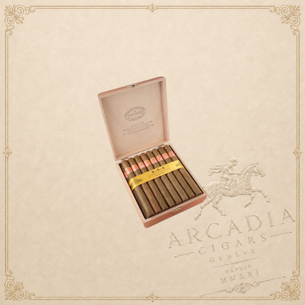 Arcadia Cigars Partagás 8-9-8 Cuban cigars presented in a wooden box with gold branding and traditional labels