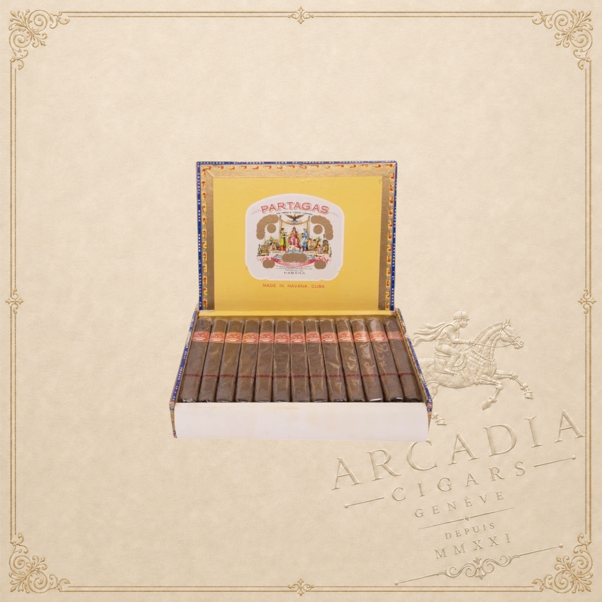 Arcadia Cigars Partagás Belvederes box of Cuban cigars with classic yellow branding and dark tobacco leaves