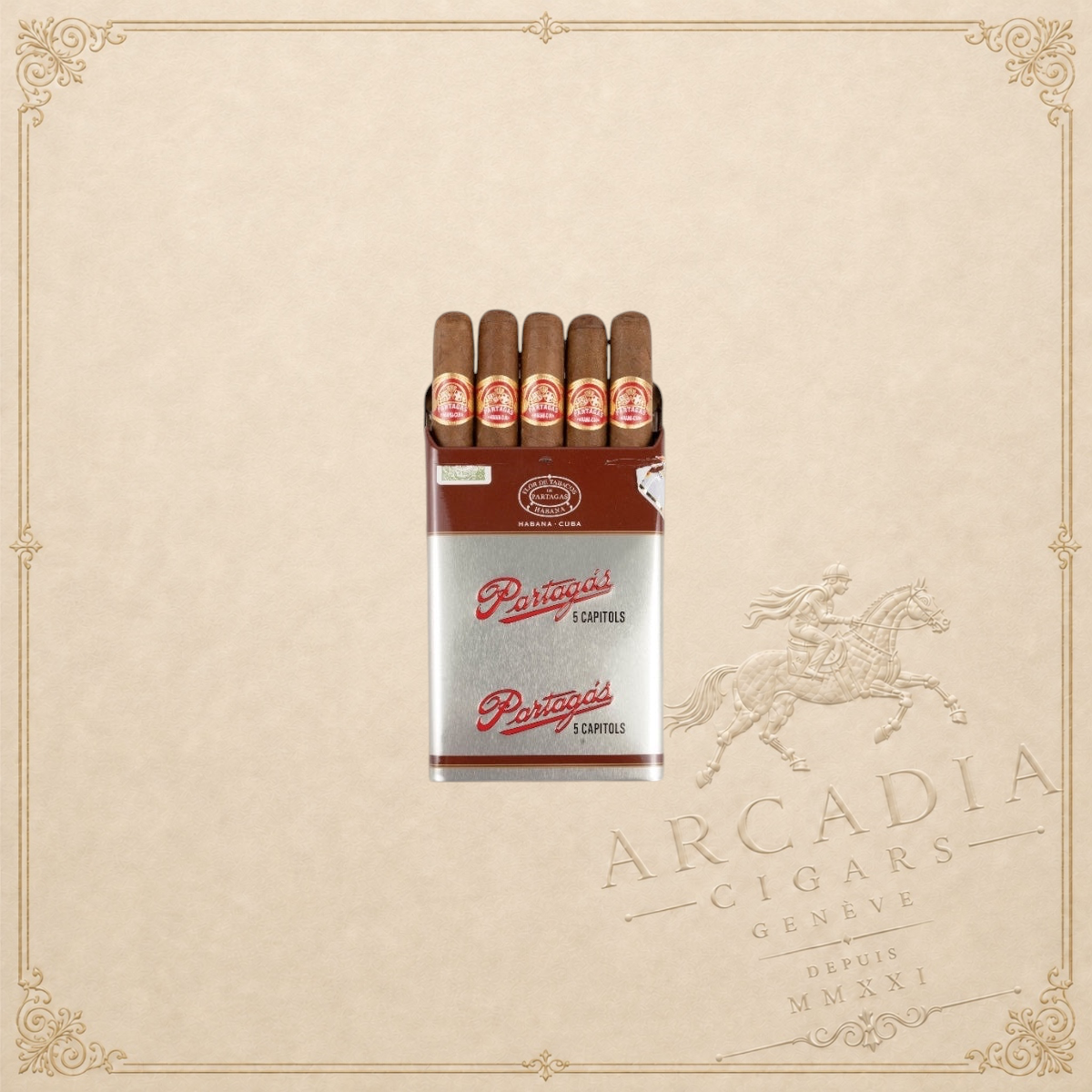 Arcadia Cigars Partagas Capitols pack of five Cuban Marevas cigars in a silver metal tin with red branding.