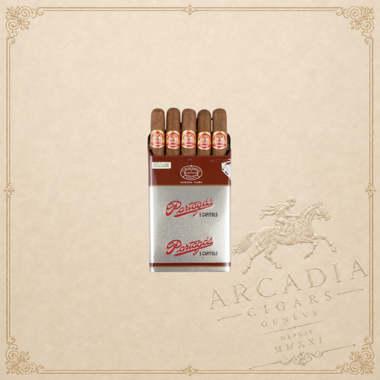 Arcadia Cigars Partagas Capitols pack of five Cuban Marevas cigars in a silver metal tin with red branding.