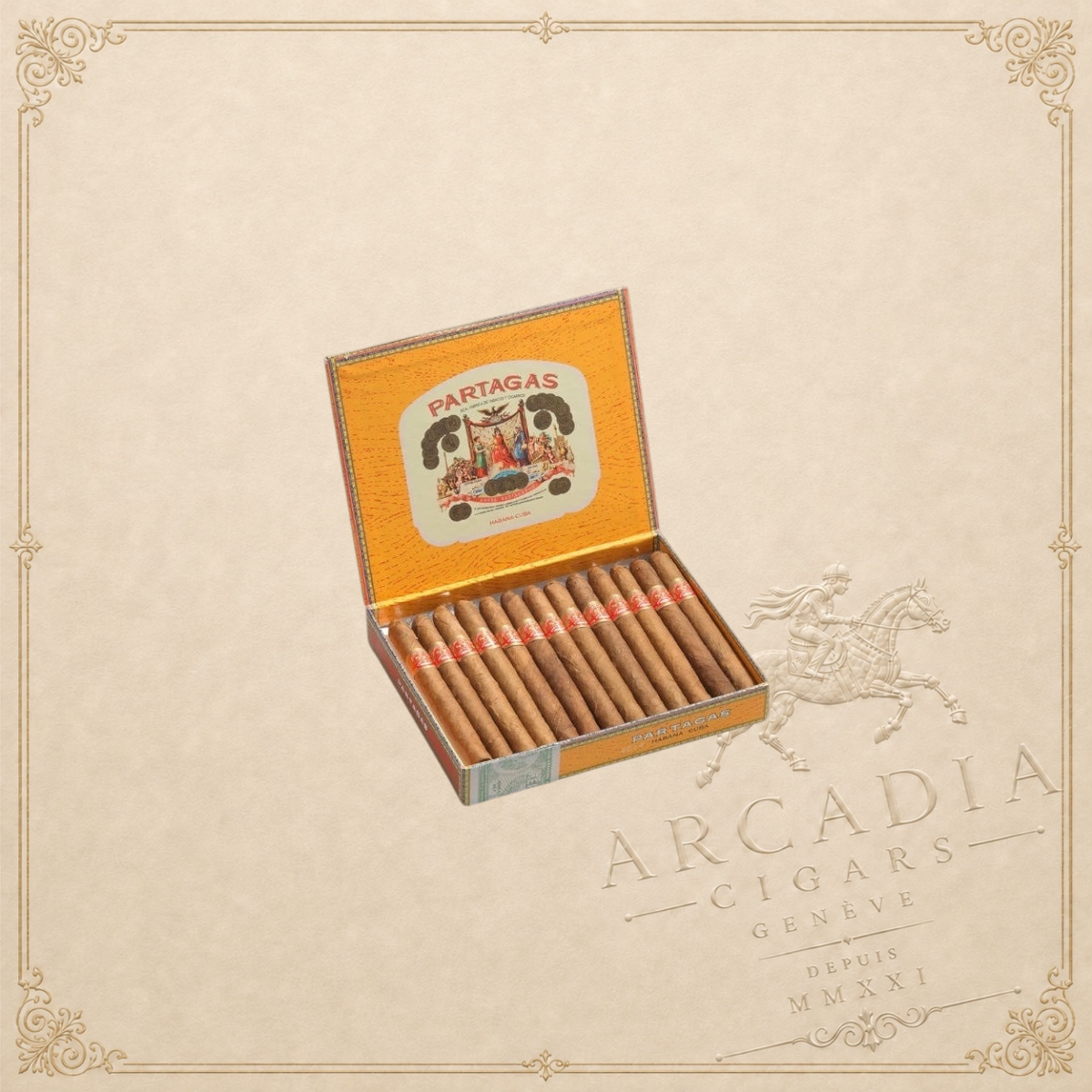 Arcadia Cigars Partagás Chicos cigarillos in an open yellow branded box on a textured background