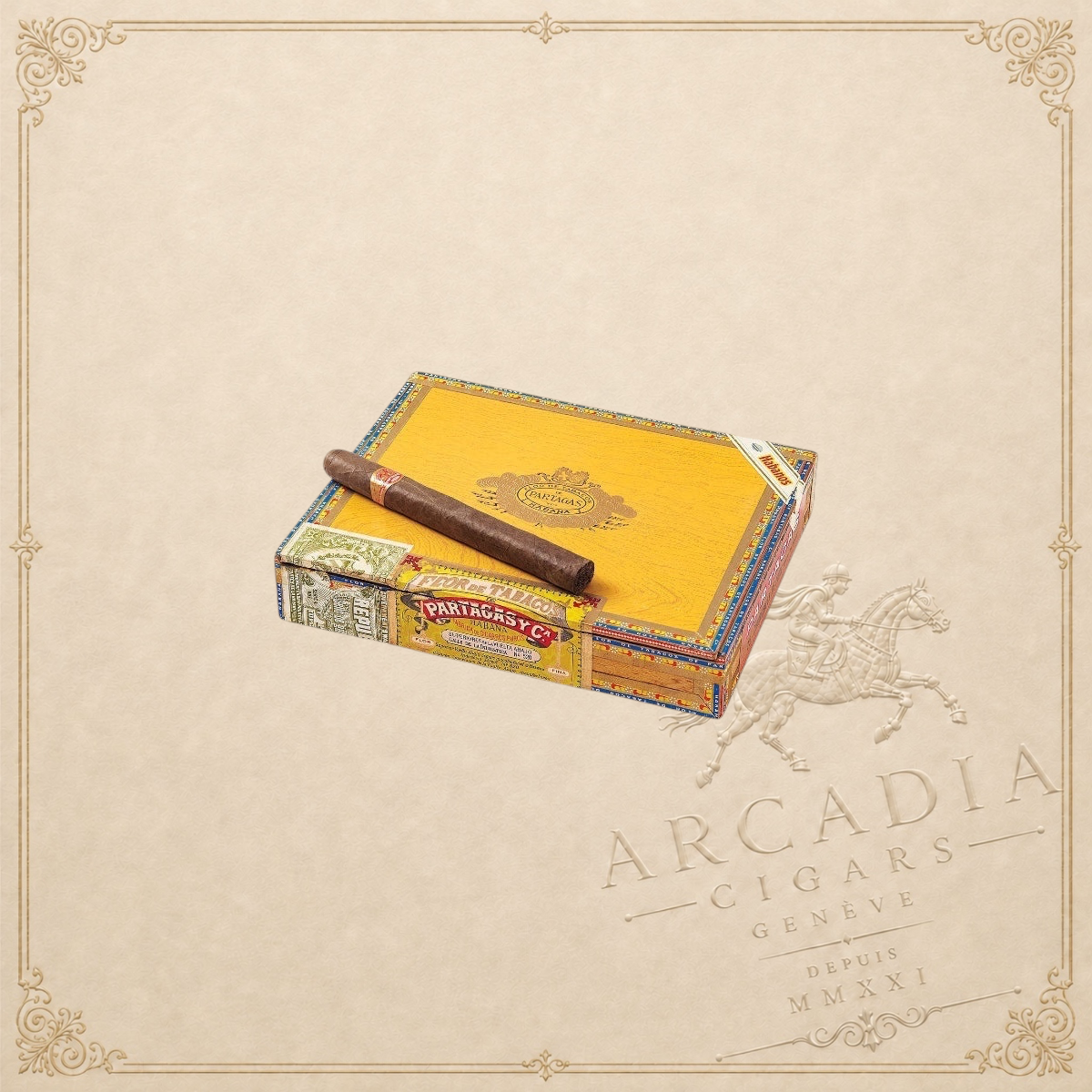 Arcadia Cigars Partagas Churchills De Luxe cigar resting on its yellow wooden box against a neutral background.