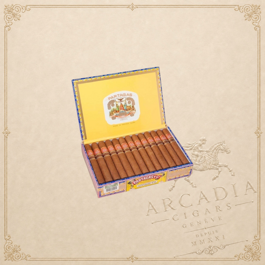 Arcadia Cigars Partagás Coronas Gordas Añejados box of aged Cuban cigars with signature bands on a neutral background