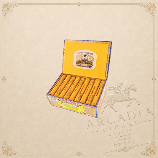 Arcadia Cigars box of Partagás Coronas Junior Cuban cigars in yellow paper sleeves on a neutral background