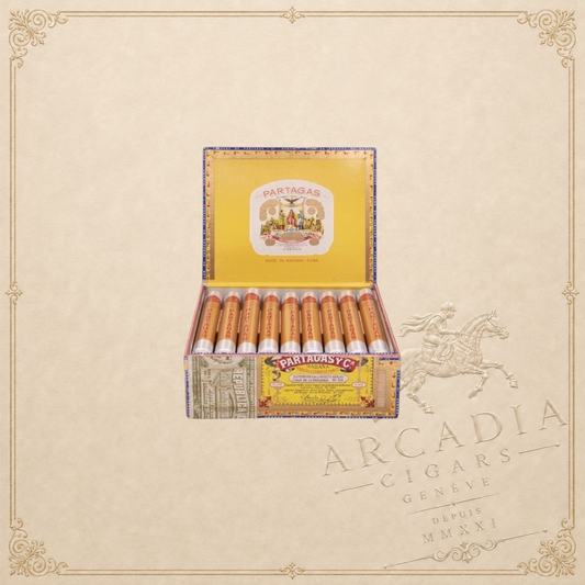 Arcadia Cigars box of Partagás Coronas Senior Cuban cigars in individual aluminium tubes with yellow branding