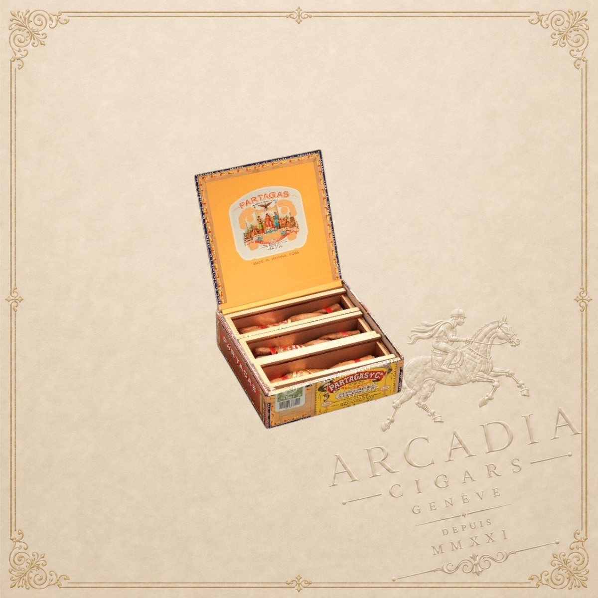 Arcadia Cigars Partagás Culebras box featuring three intertwined Cuban cigars in a decorative wooden presentation box