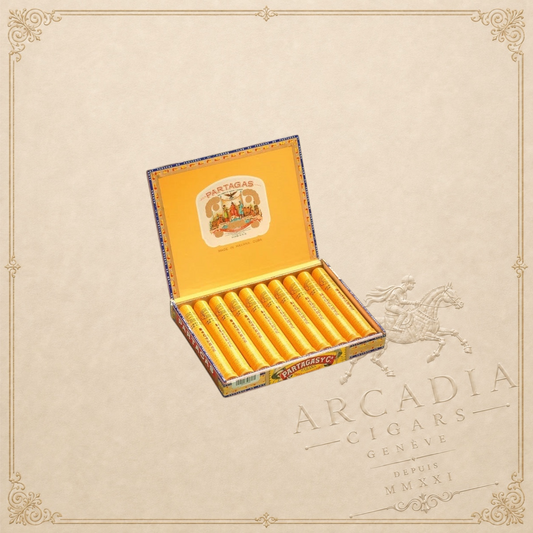Arcadia Cigars box of Partagás De Luxe Cuban petit corona cigars in individual yellow paper sleeves