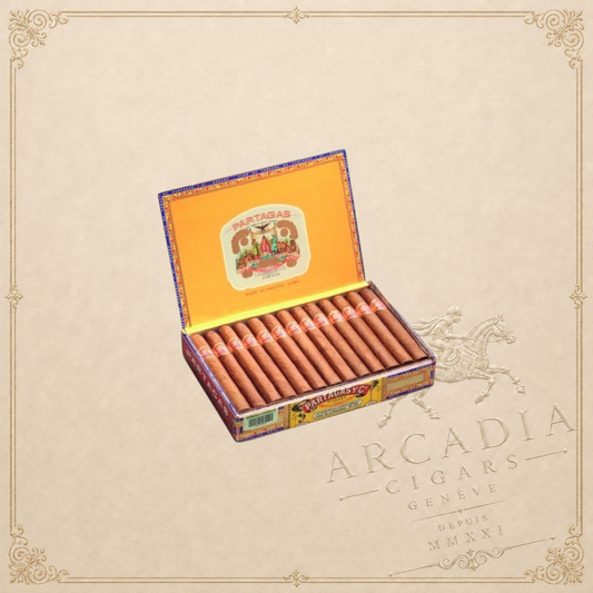 Arcadia Cigars box of Partagas Habaneros panetela cigars featuring classic Cuban branding and earthy tobacco leaves